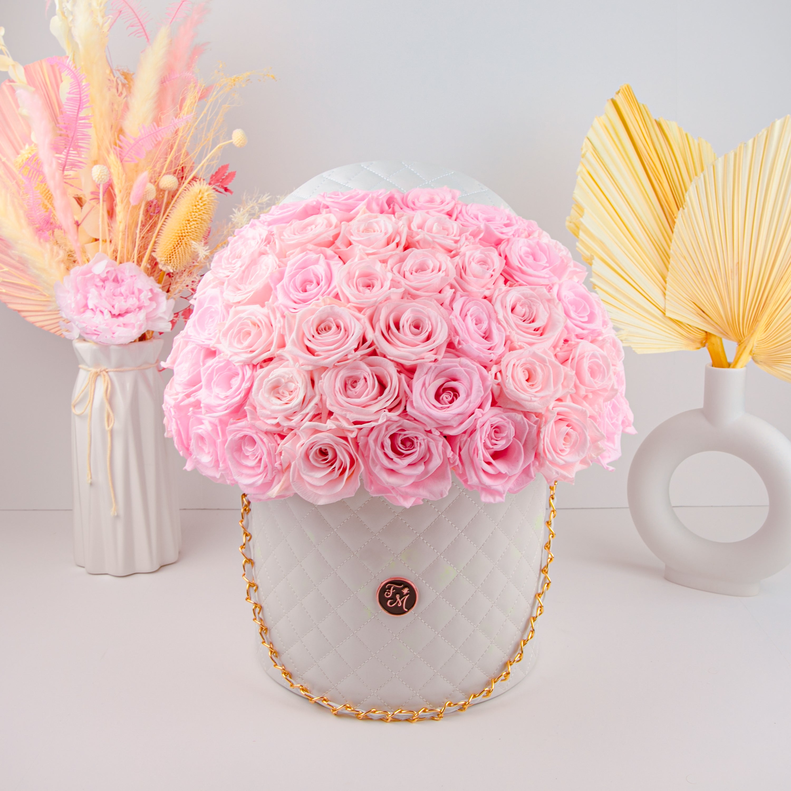Pink Roses - Quilted Box 3/4 Dome Bouquet - Large (White Box)