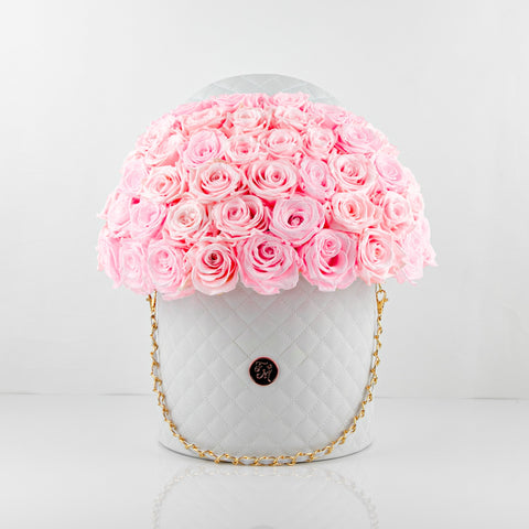 Pink Roses - Quilted Box 3/4 Dome Bouquet - Large (White Box)