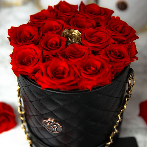 Red & Gold Roses - Quilted Box Bouquet - Medium Box (14+ Roses)