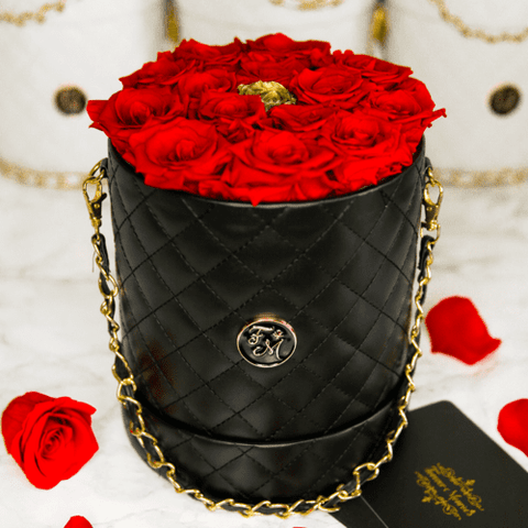 Red & Gold Roses - Quilted Box Bouquet - Medium Box (14+ Roses)