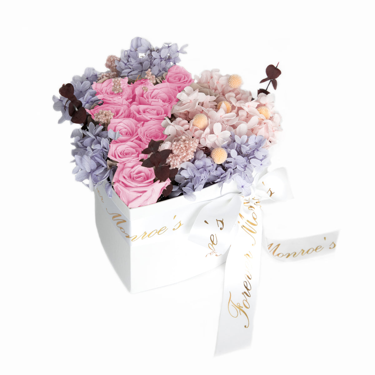 Mixed Pink Rose & Hydrangea - Heart Box Rose Bouquet - Small (White Box)