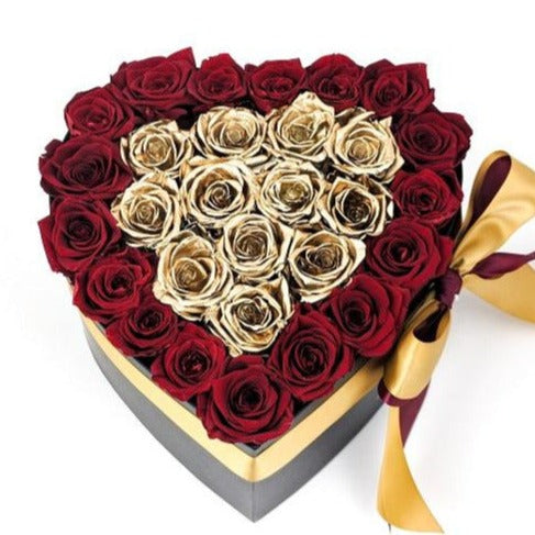 Red & Gold Roses - Heart Box Rose Bouquet - Medium (Black Box)