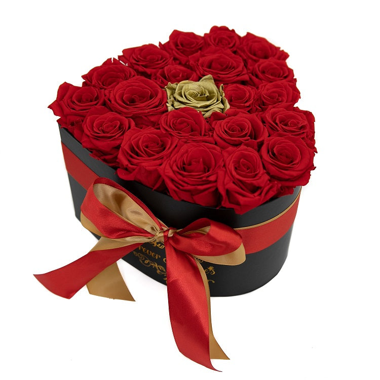 Red Roses with 1 Gold Rose - Heart Box Rose Bouquet - Medium (Black Box)