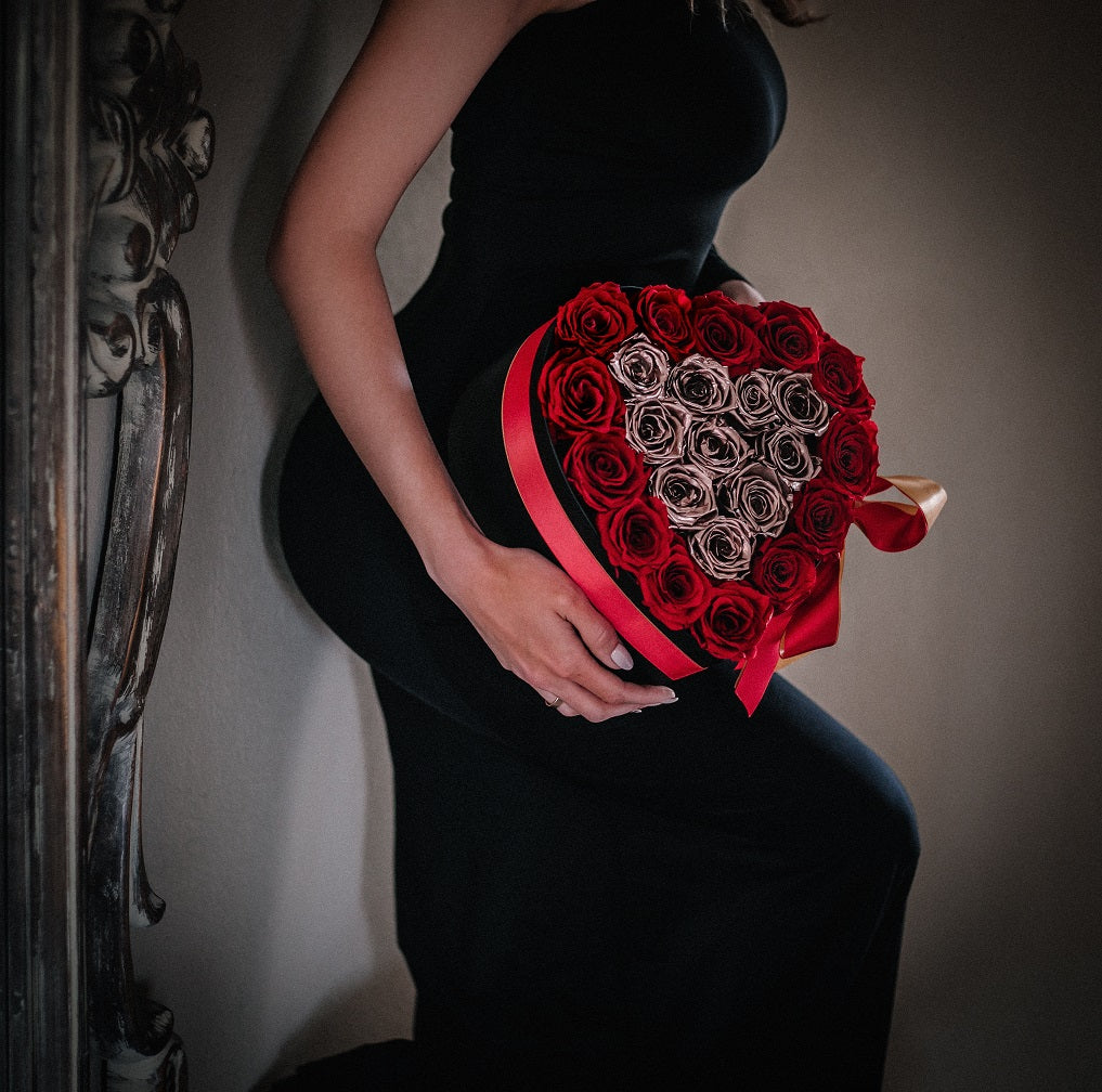 Red & Gold Roses - Heart Box Rose Bouquet - Medium (Black Box)