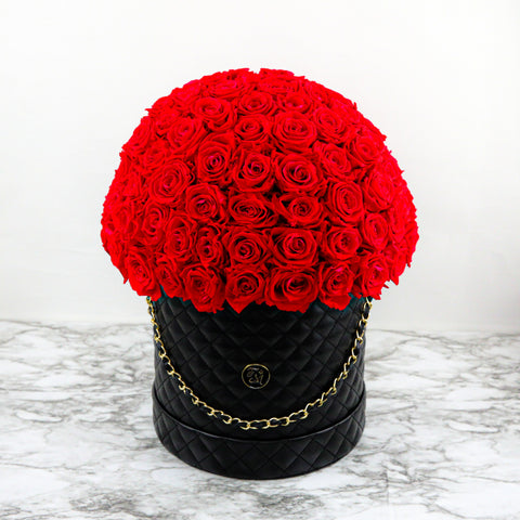 Red Roses - Quilted Box Dome Bouquet - Large (Black Box)