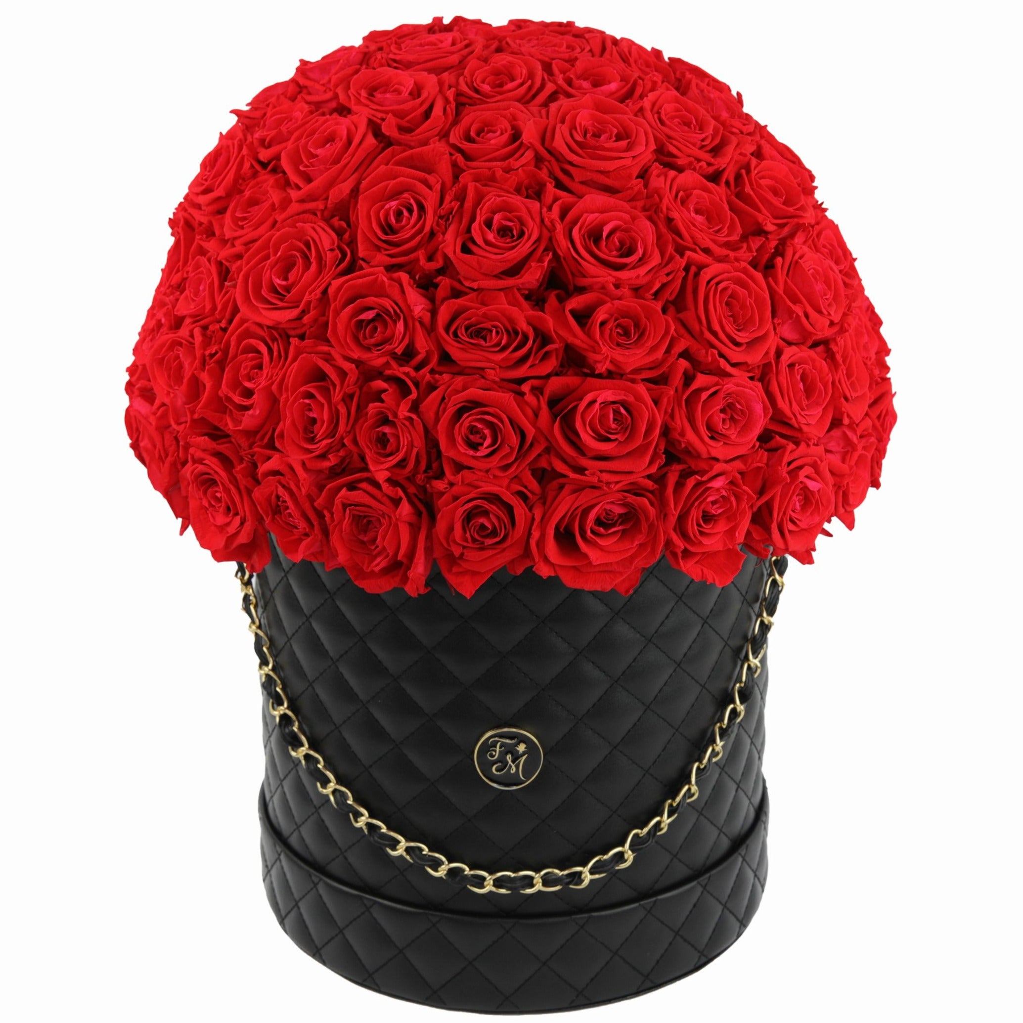 Red Roses - Quilted Box Dome Bouquet - Large (Black Box)