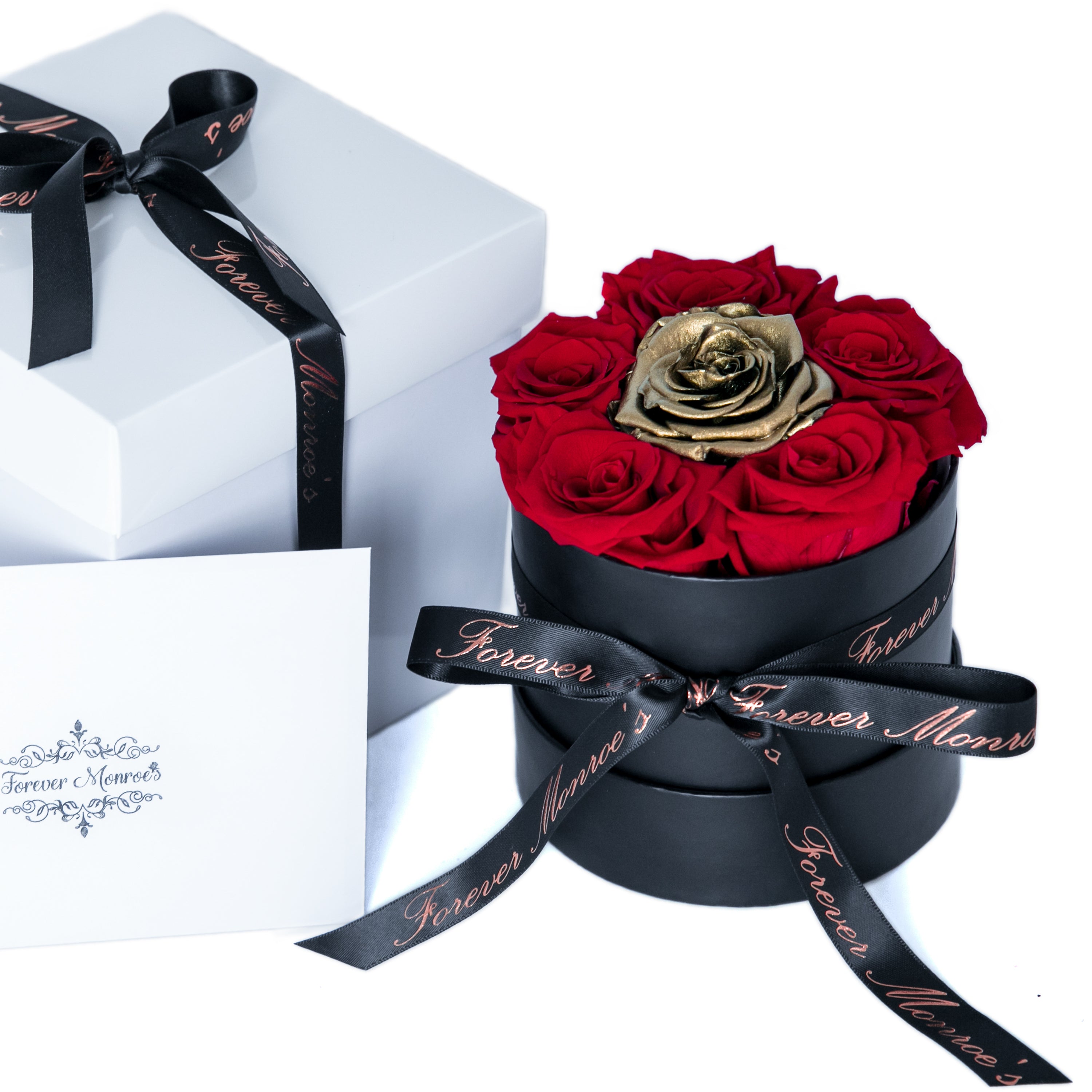 Red & Gold Preserved Box of Roses in a Black Round Box