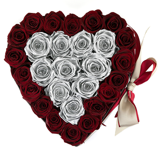 Red & Silver Roses - Heart Box Rose Bouquet - Medium (Black Box)