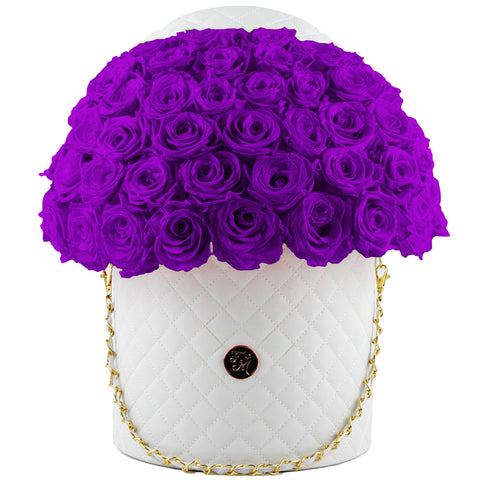 Purple Roses - Quilted Box 3/4 Dome Bouquet - Large (White Box)