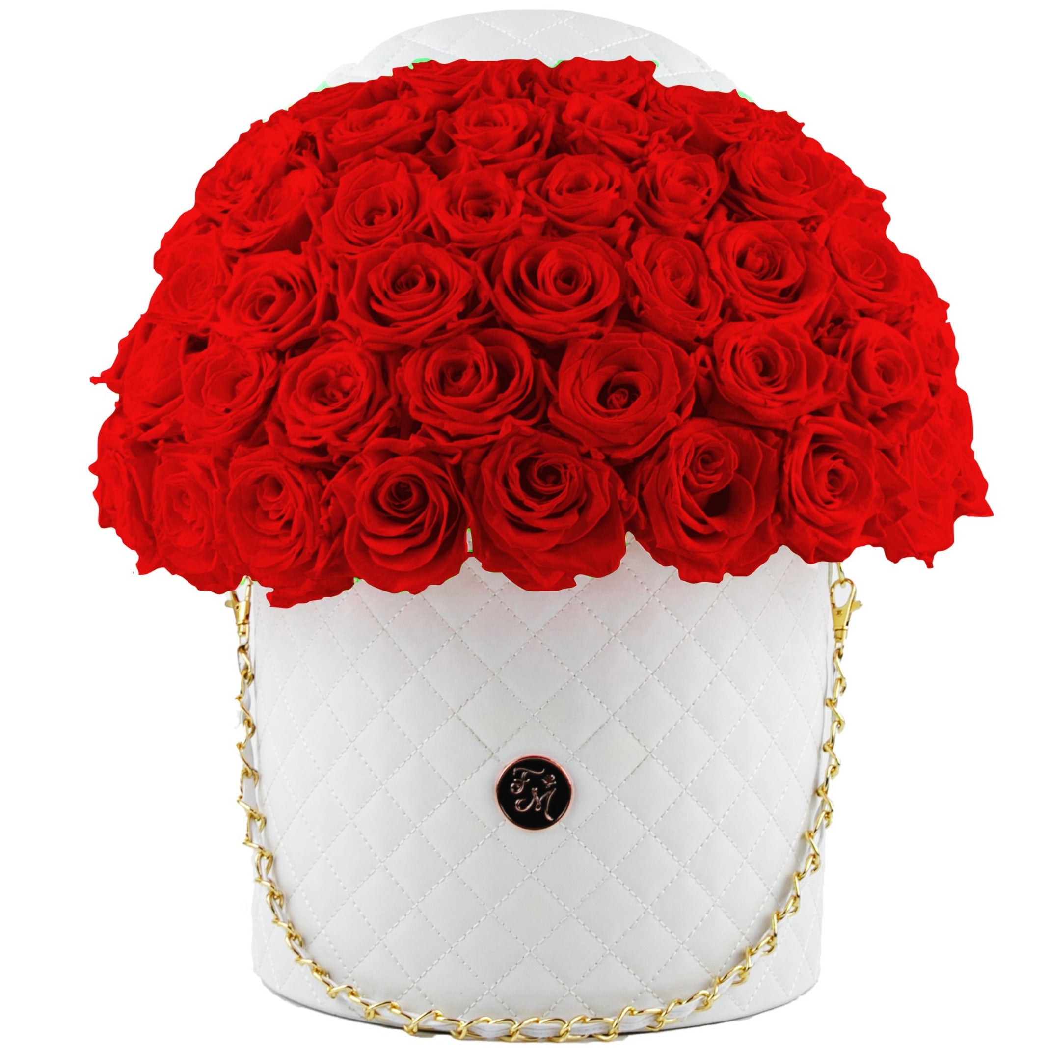 Red Roses - Quilted Box 3/4 Dome Bouquet - Large (White Box)